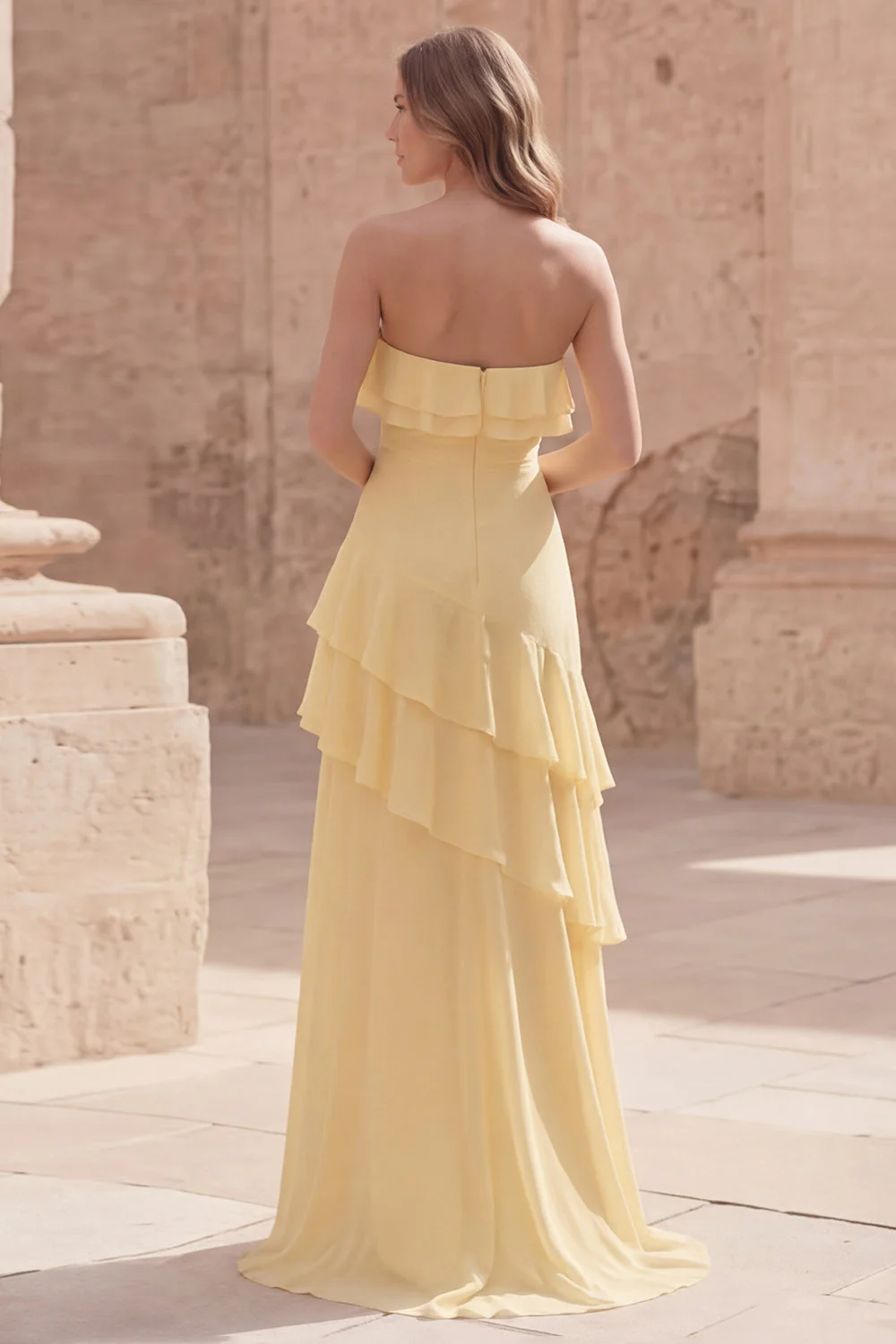 Strapless Yellow A Line Ruffled Long Chiffon Dress - Image 2