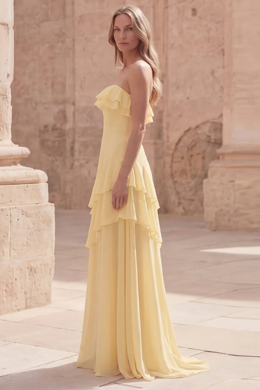 Strapless Yellow A Line Ruffled Long Chiffon Dress - Image 3