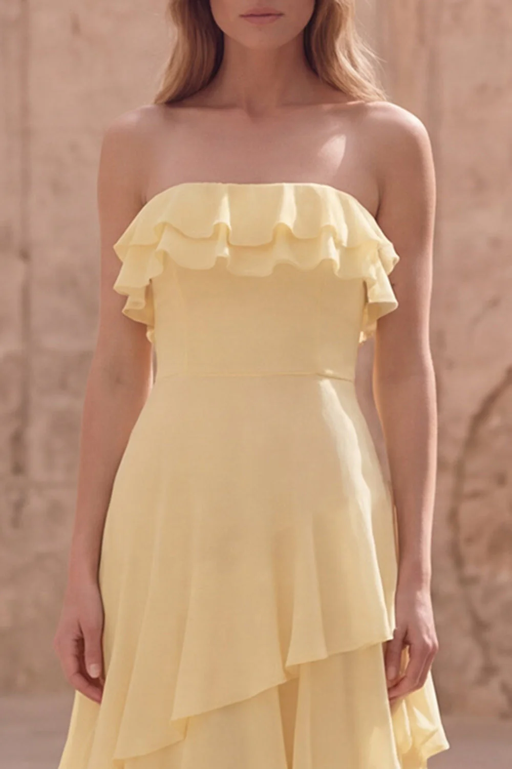 Strapless Yellow A Line Ruffled Long Chiffon Dress - Image 4