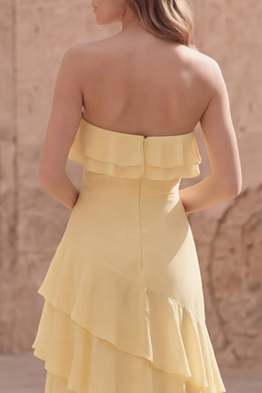 Strapless Yellow A Line Ruffled Long Chiffon Dress - Image 5