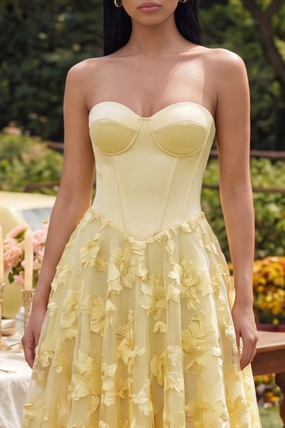 Yellow Sweetheart A Line Midi Floral Dress - Image 3