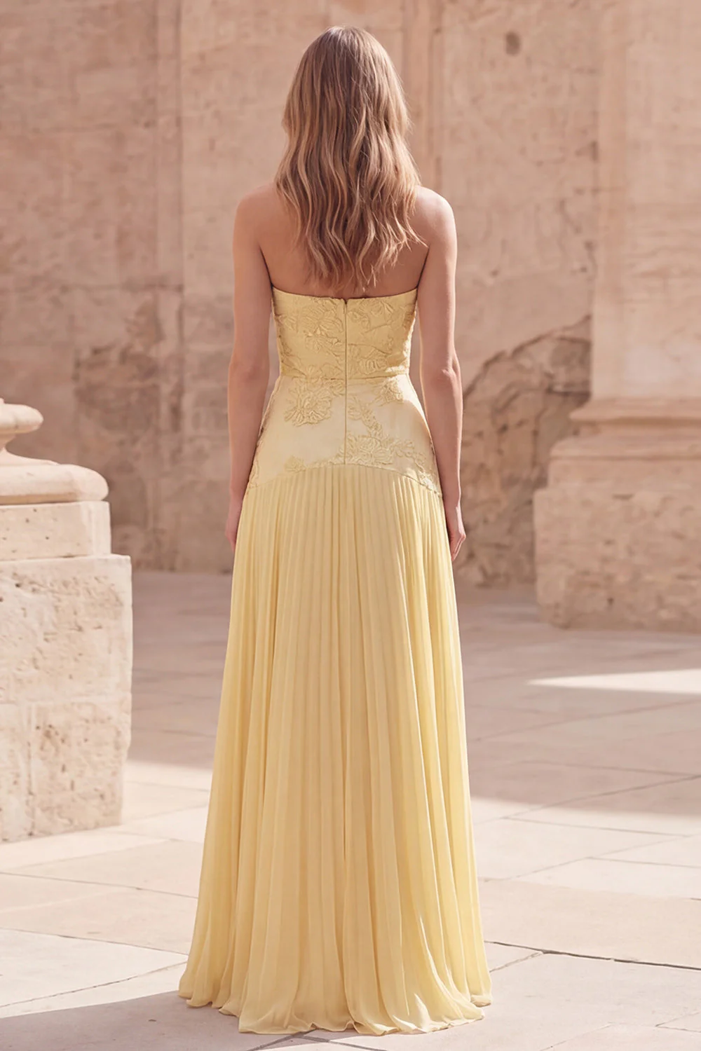 Strapless Yellow Floral A Line Pleated Long Prom Dress - Image 2