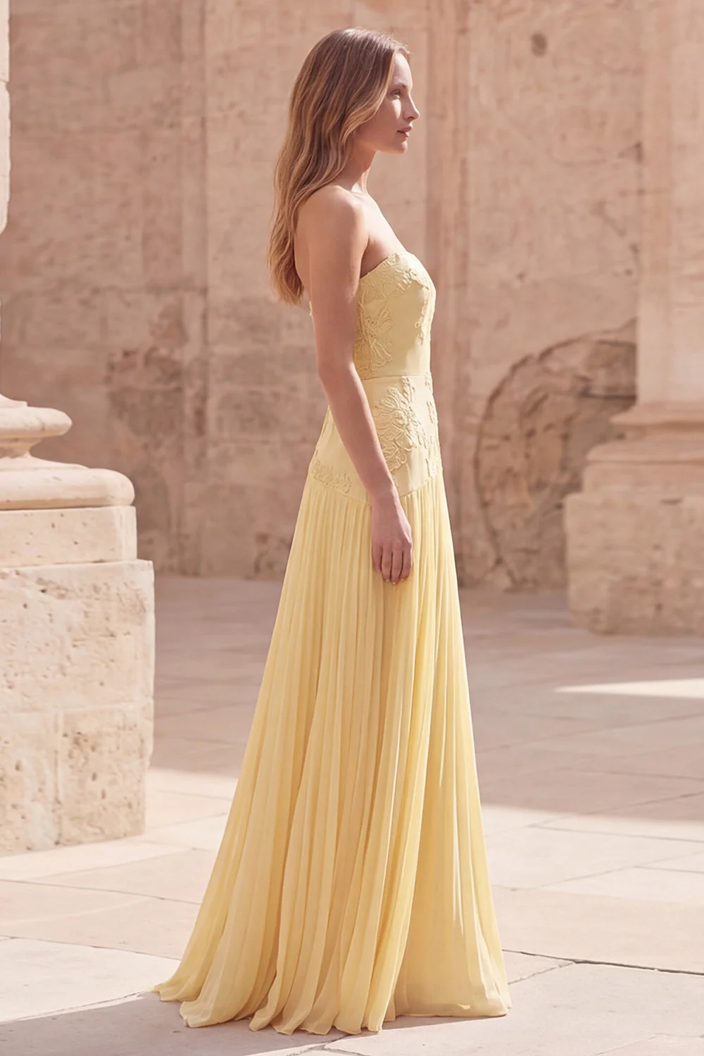 Strapless Yellow Floral A Line Pleated Long Prom Dress - Image 3