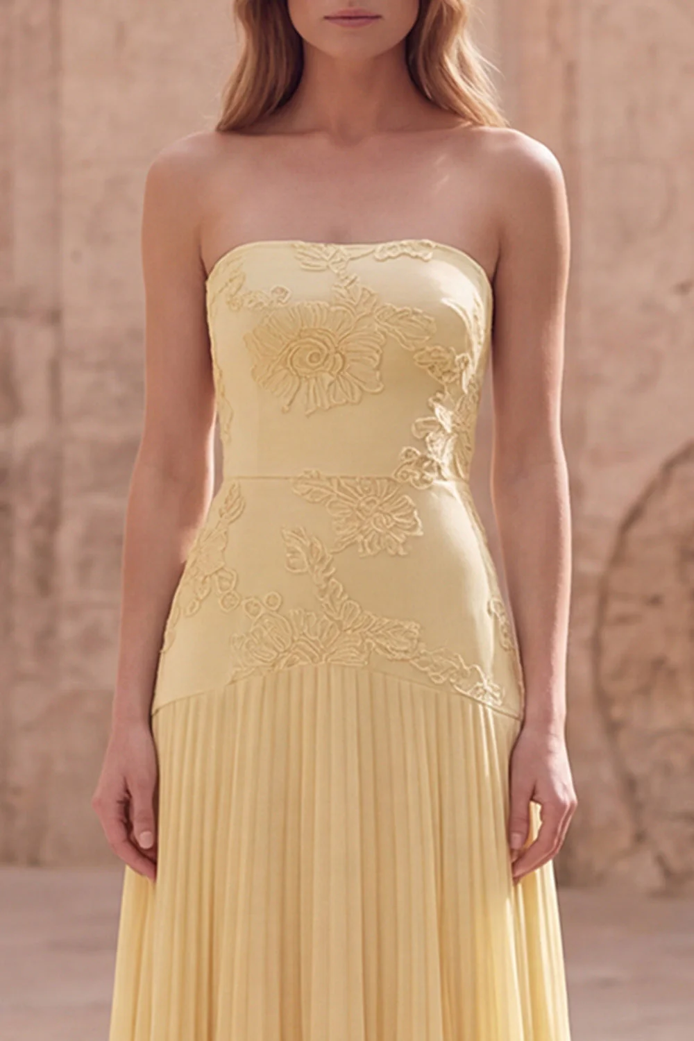 Strapless Yellow Floral A Line Pleated Long Prom Dress - Image 4