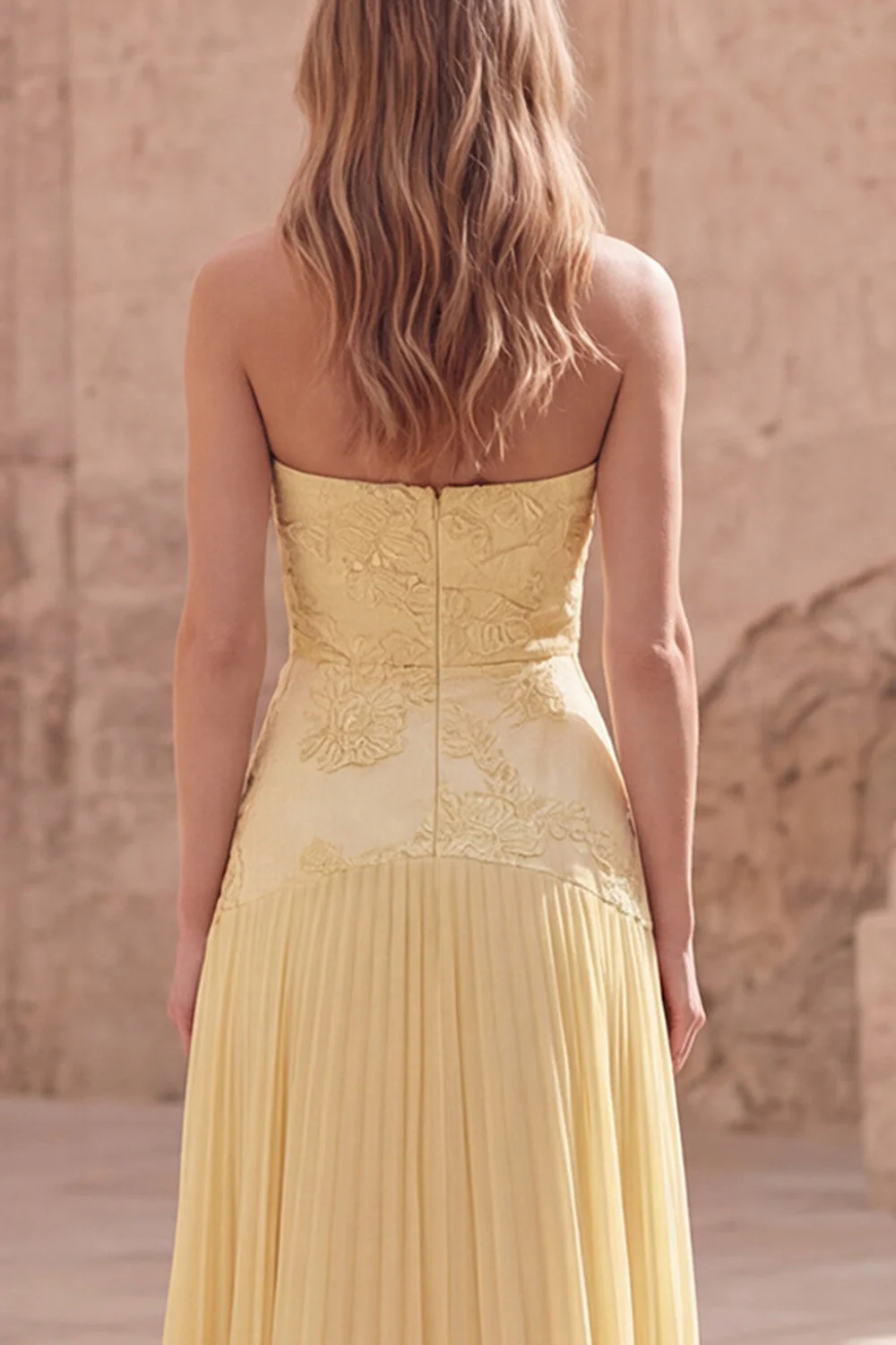 Strapless Yellow Floral A Line Pleated Long Prom Dress - Image 5