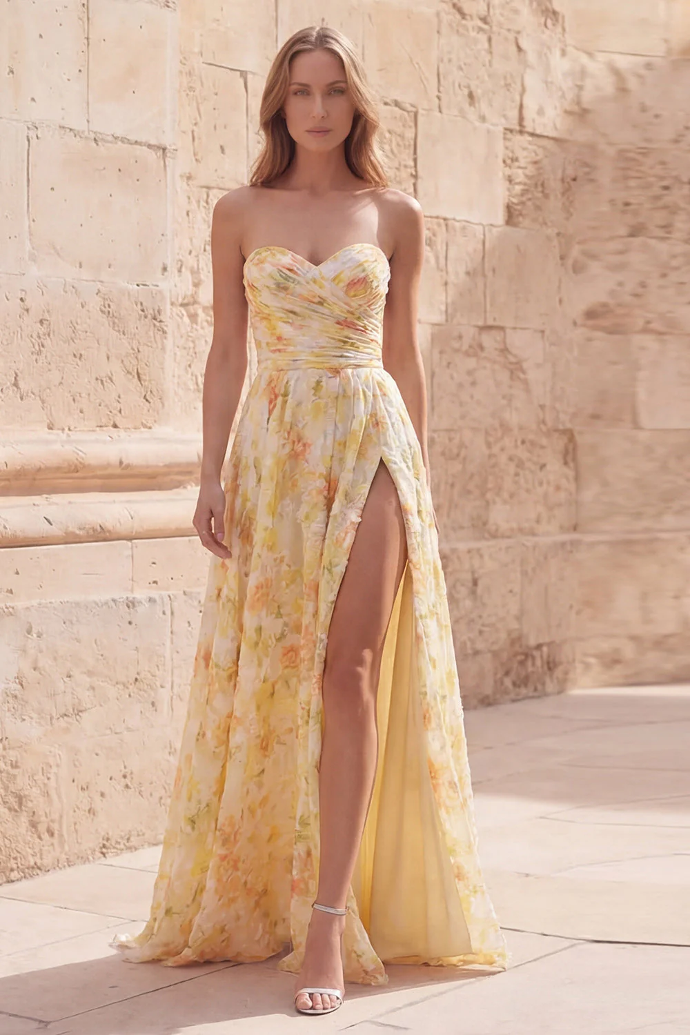 Sweetheart Yellow Floral Ruched A Line Long Prom Dress with Slit
