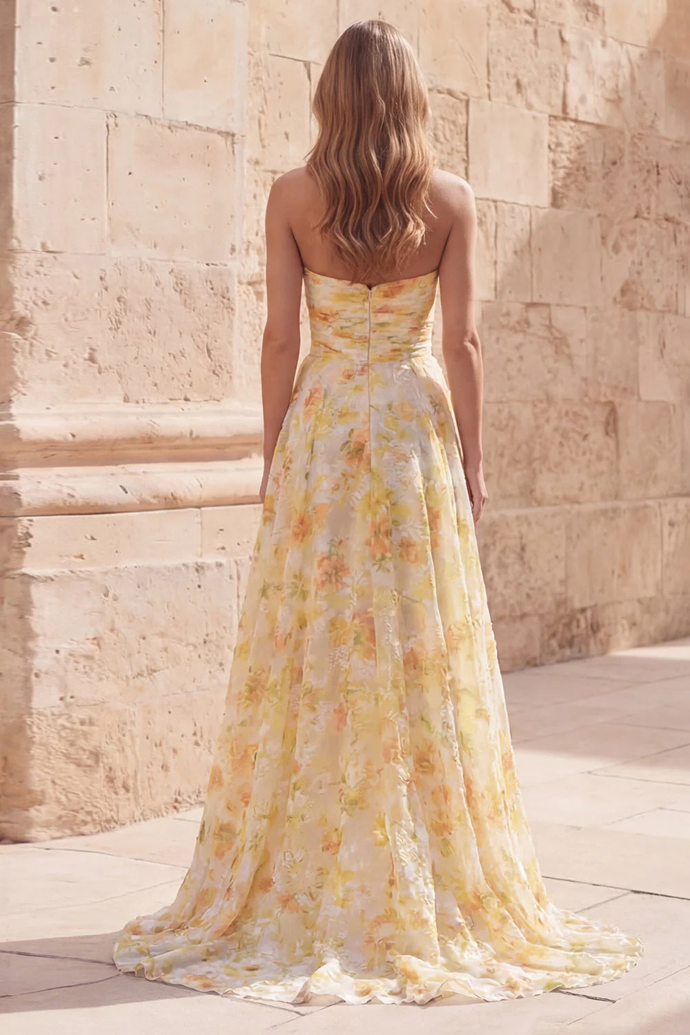 Sweetheart Yellow Floral Ruched A Line Long Prom Dress with Slit - Image 2