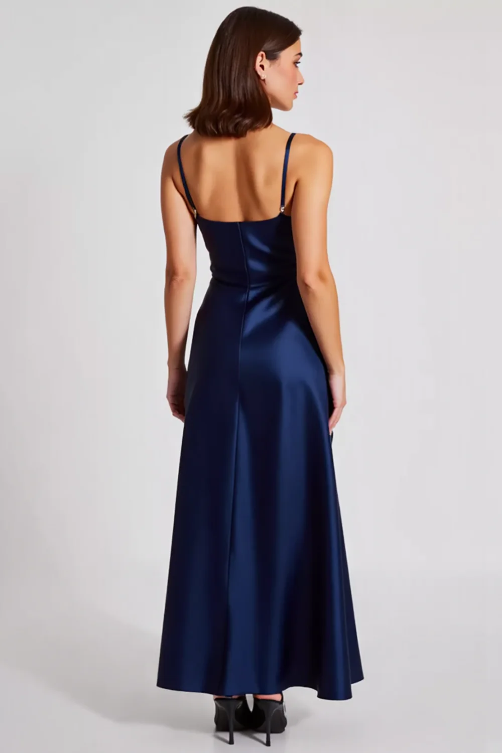 Stretch Satin Navy Spaghetti Straps Sheath Formal Dress - Image 2