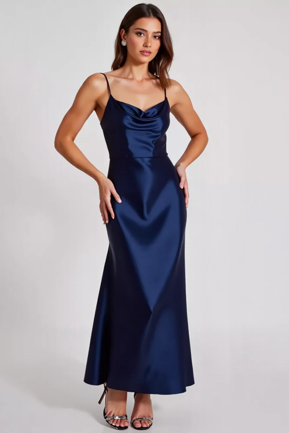 Stretch Satin Navy Spaghetti Straps Sheath Formal Dress - Image 3