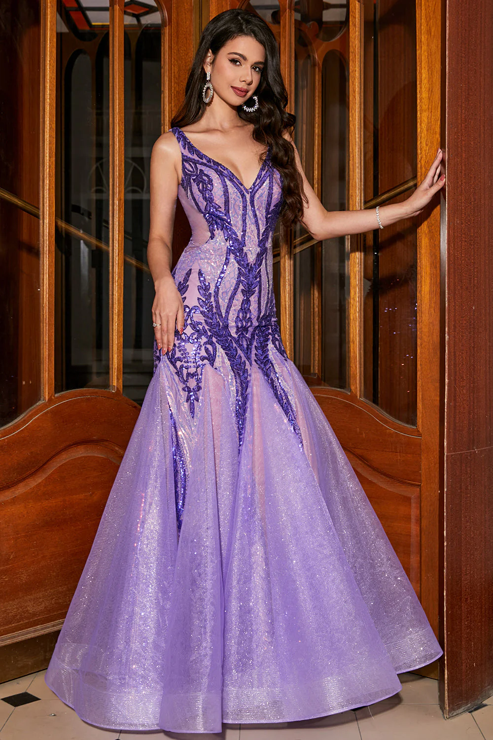 Stunning Mermaid V Neck Purple Sequins Long Prom Dress with Open Back - Image 3