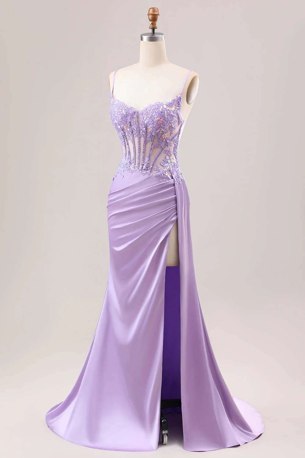 Stylish Sage Mermaid Pleated Sequin Corset Long Prom Dress With High Slit - Image 12