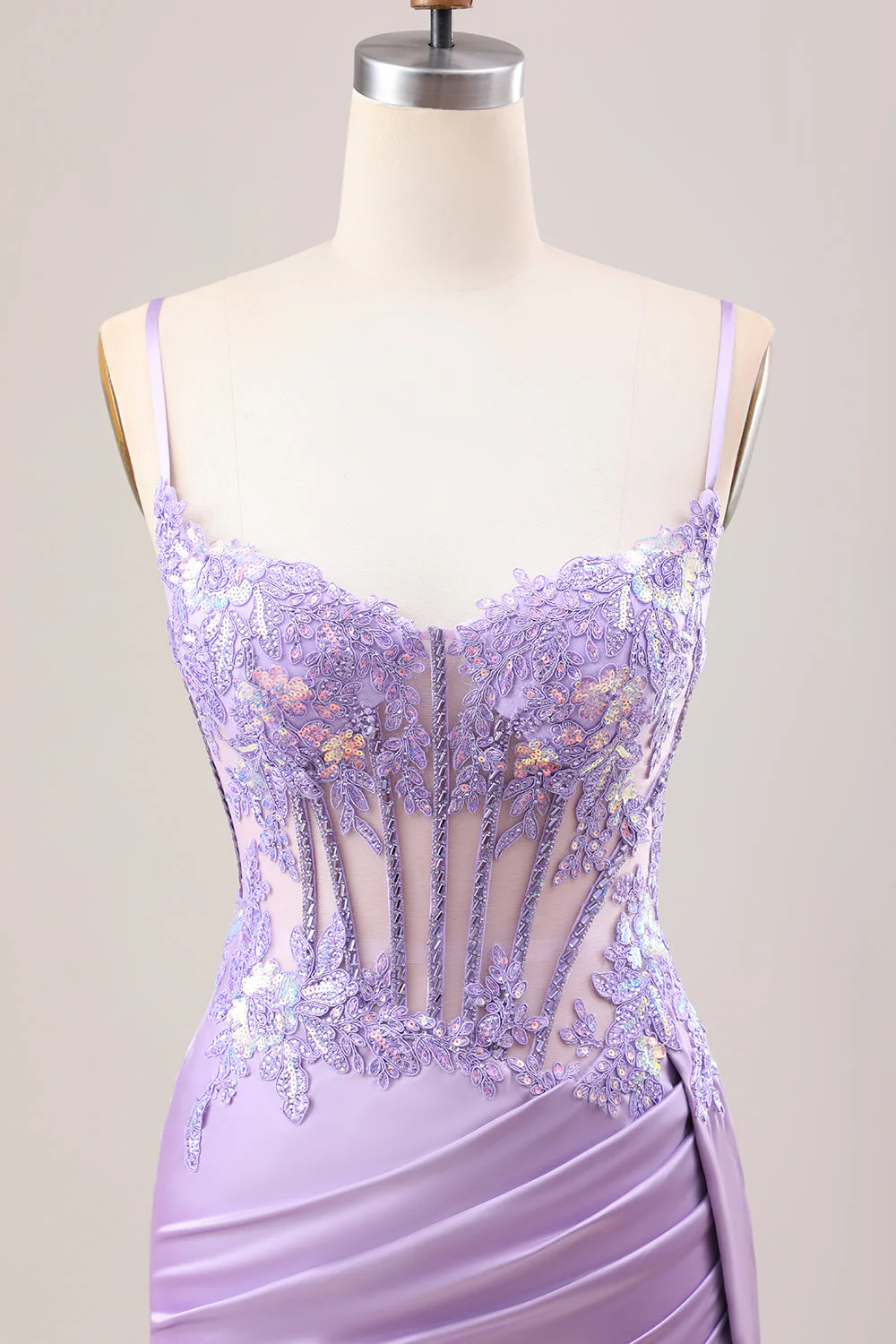 Stylish Sage Mermaid Pleated Sequin Corset Long Prom Dress With High Slit - Image 13