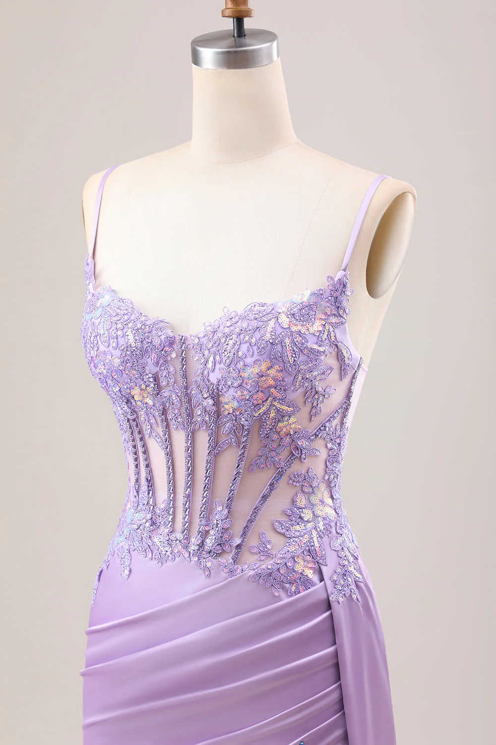 Stylish Sage Mermaid Pleated Sequin Corset Long Prom Dress With High Slit - Image 15