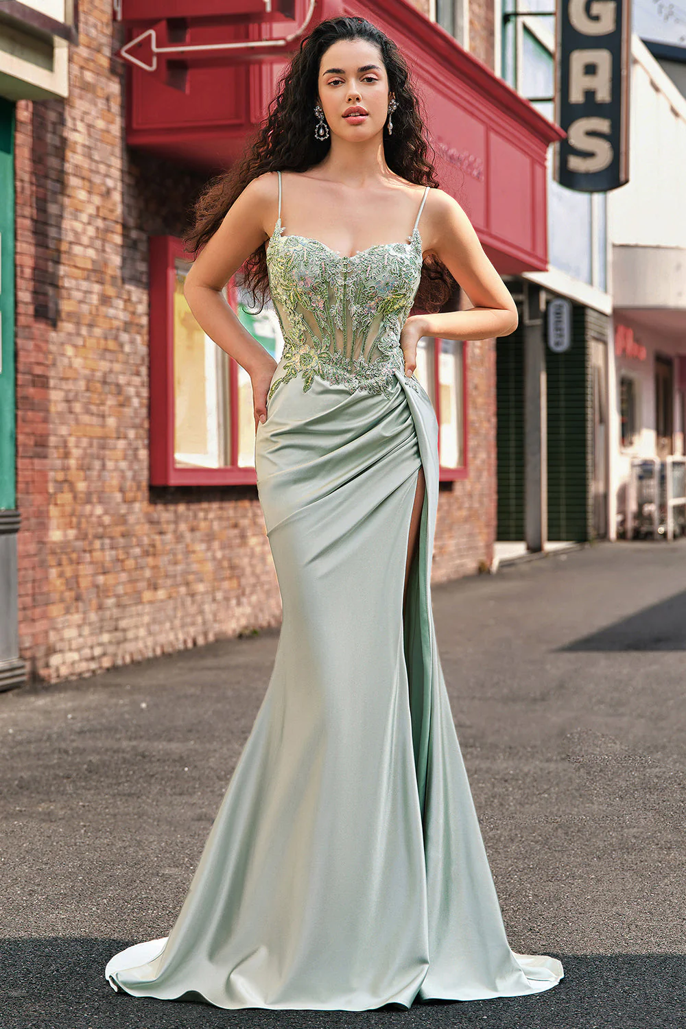 Stylish Sage Mermaid Pleated Sequin Corset Long Prom Dress With High Slit - Image 4