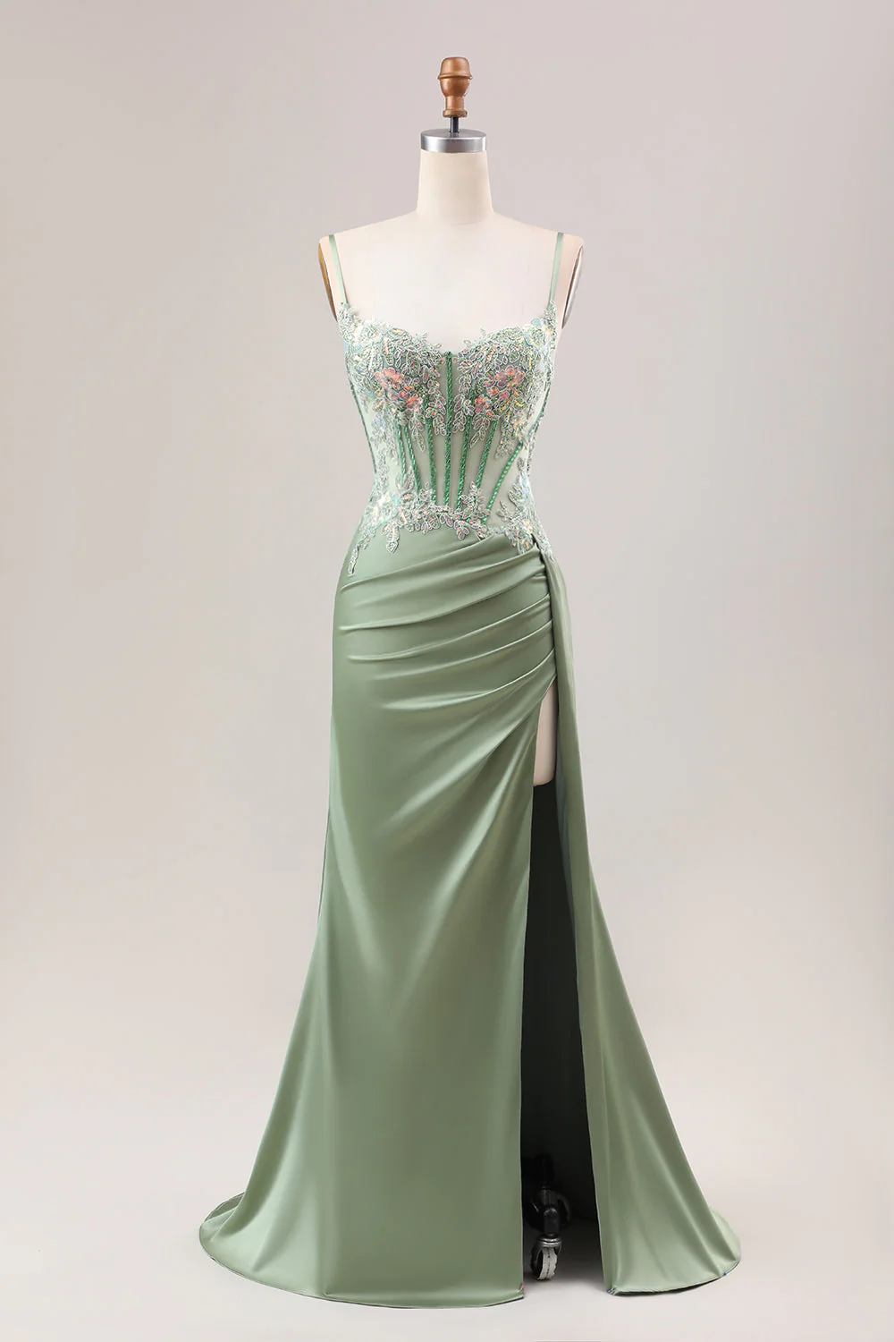 Stylish Sage Mermaid Pleated Sequin Corset Long Prom Dress With High Slit - Image 8
