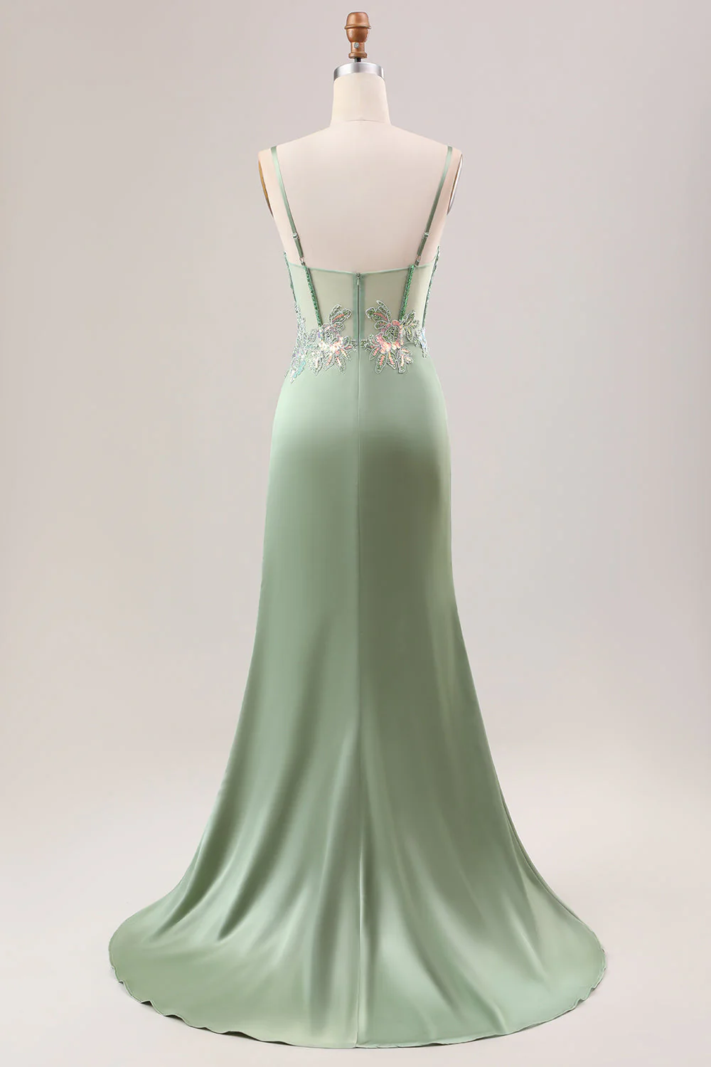 Stylish Sage Mermaid Pleated Sequin Corset Long Prom Dress With High Slit - Image 9