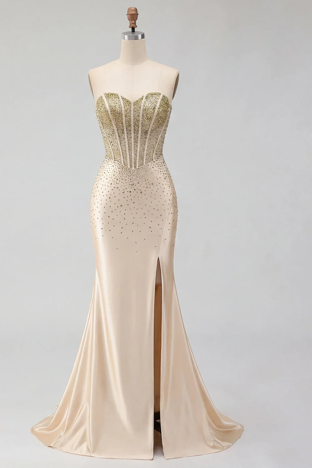 Sweetheart Champagne Beaded Corset Mermaid Long Prom Dress with Slit - Image 5