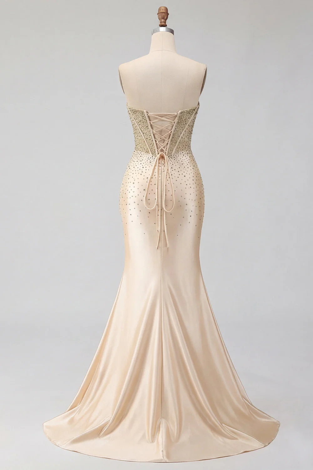 Sweetheart Champagne Beaded Corset Mermaid Long Prom Dress with Slit - Image 6