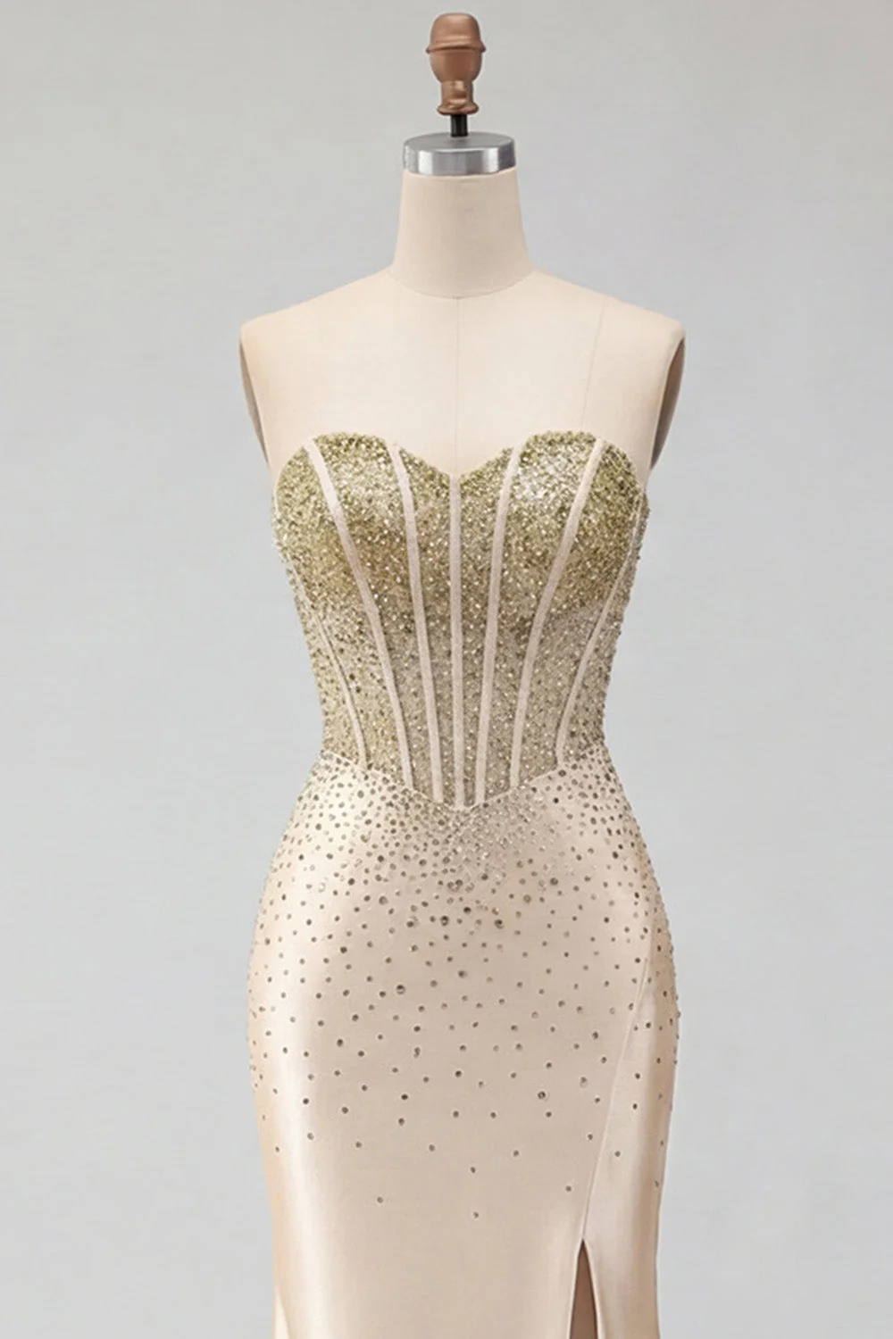 Sweetheart Champagne Beaded Corset Mermaid Long Prom Dress with Slit - Image 7