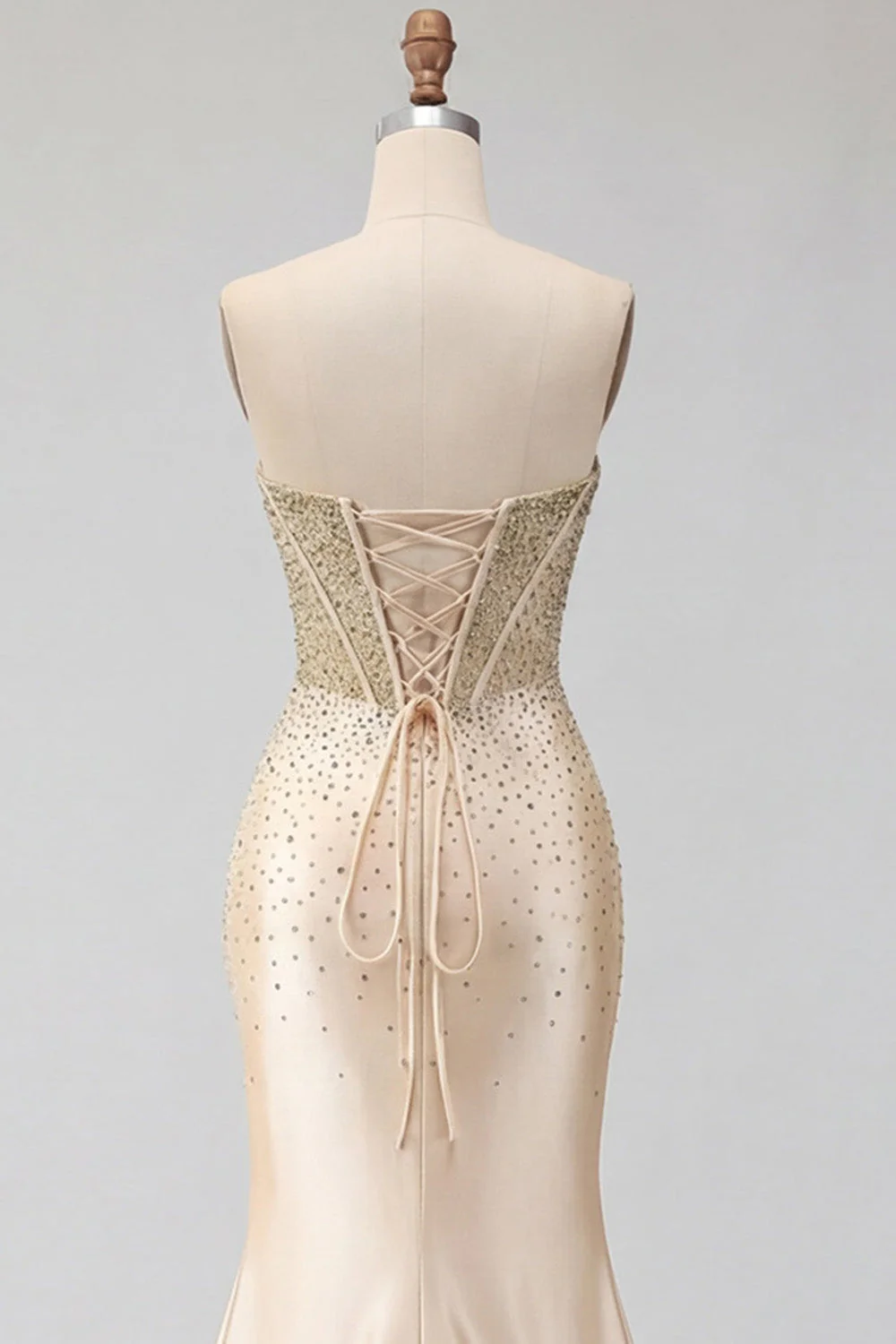 Sweetheart Champagne Beaded Corset Mermaid Long Prom Dress with Slit - Image 8