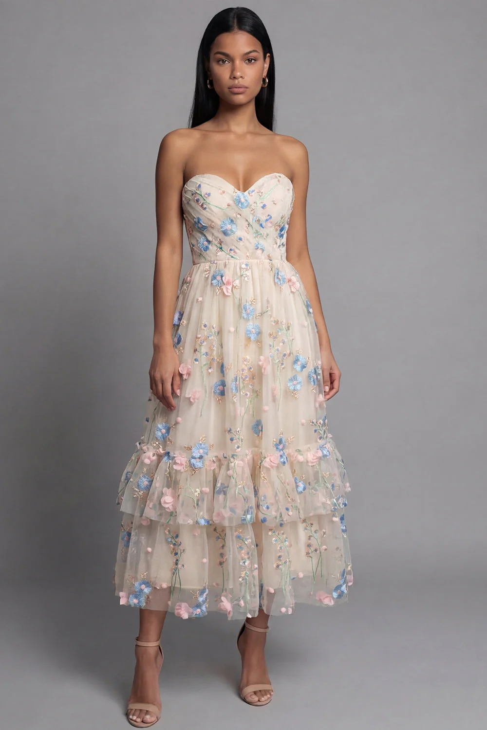 Sweetheart Champagne Tulle Appliqued Floral A-Line Midi Dress