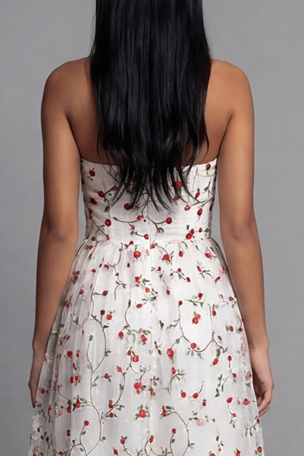 Sweetheart Champagne Tulle Appliqued Floral A-Line Midi Dress - Image 10