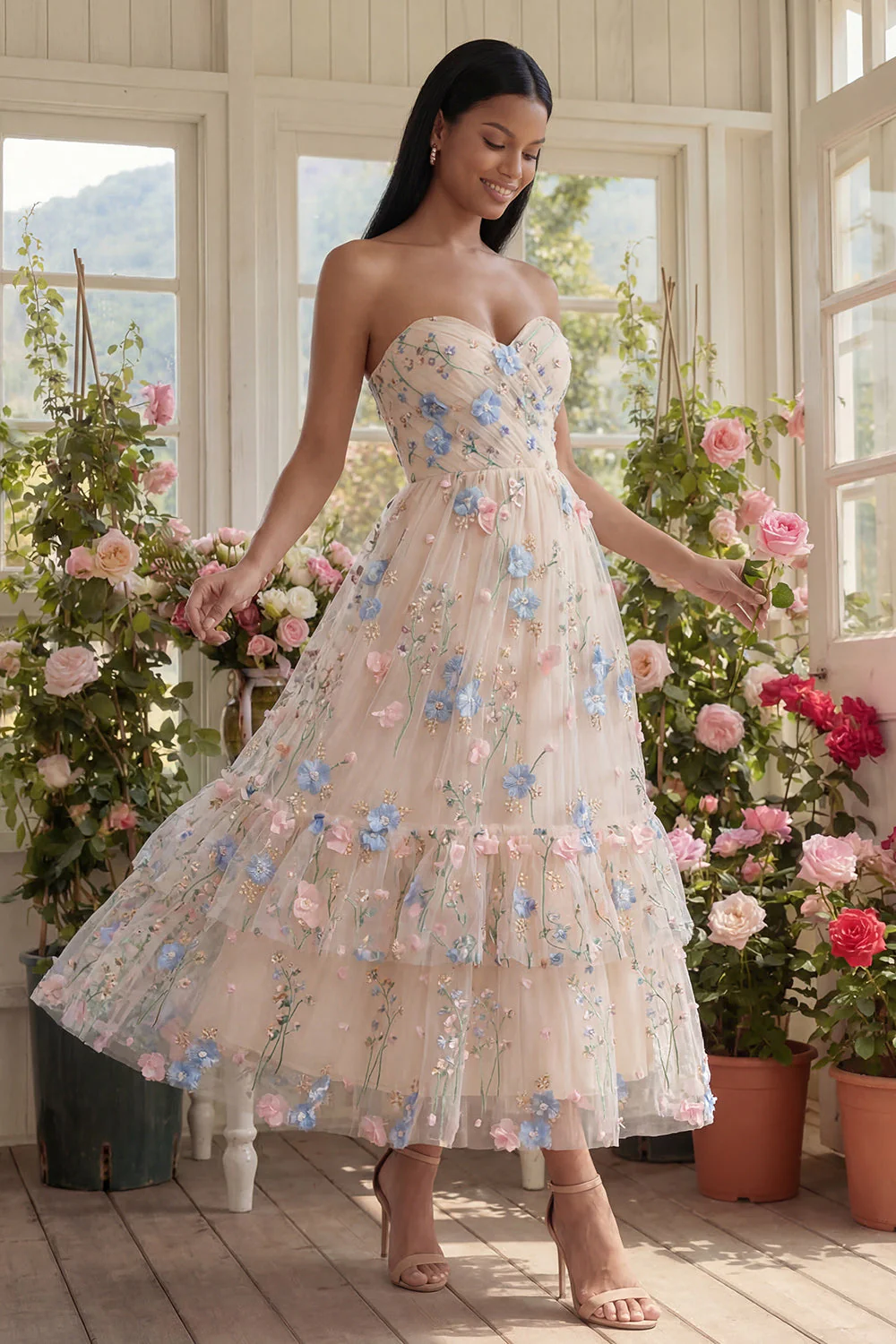 Sweetheart Champagne Tulle Appliqued Floral A-Line Midi Dress - Image 2