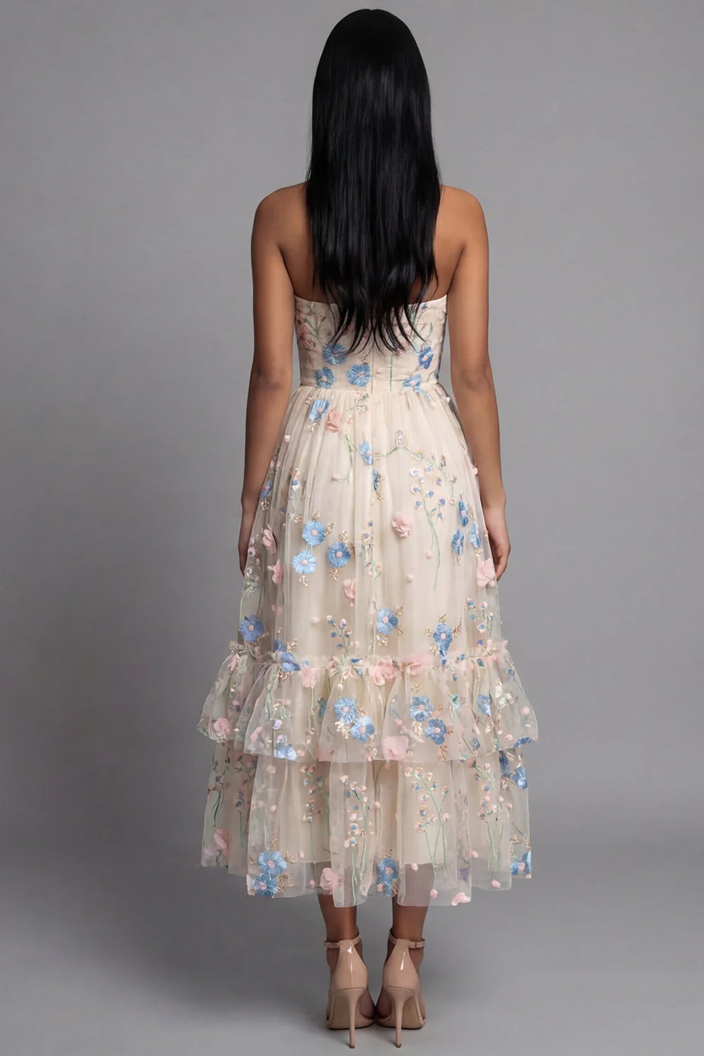 Sweetheart Champagne Tulle Appliqued Floral A-Line Midi Dress - Image 3