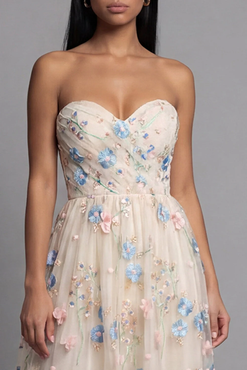 Sweetheart Champagne Tulle Appliqued Floral A-Line Midi Dress - Image 4