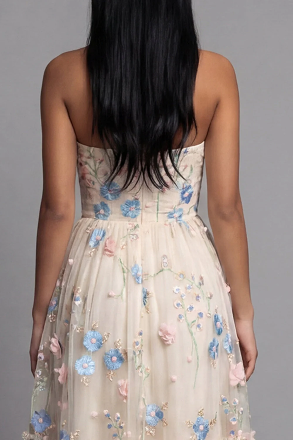Sweetheart Champagne Tulle Appliqued Floral A-Line Midi Dress - Image 5