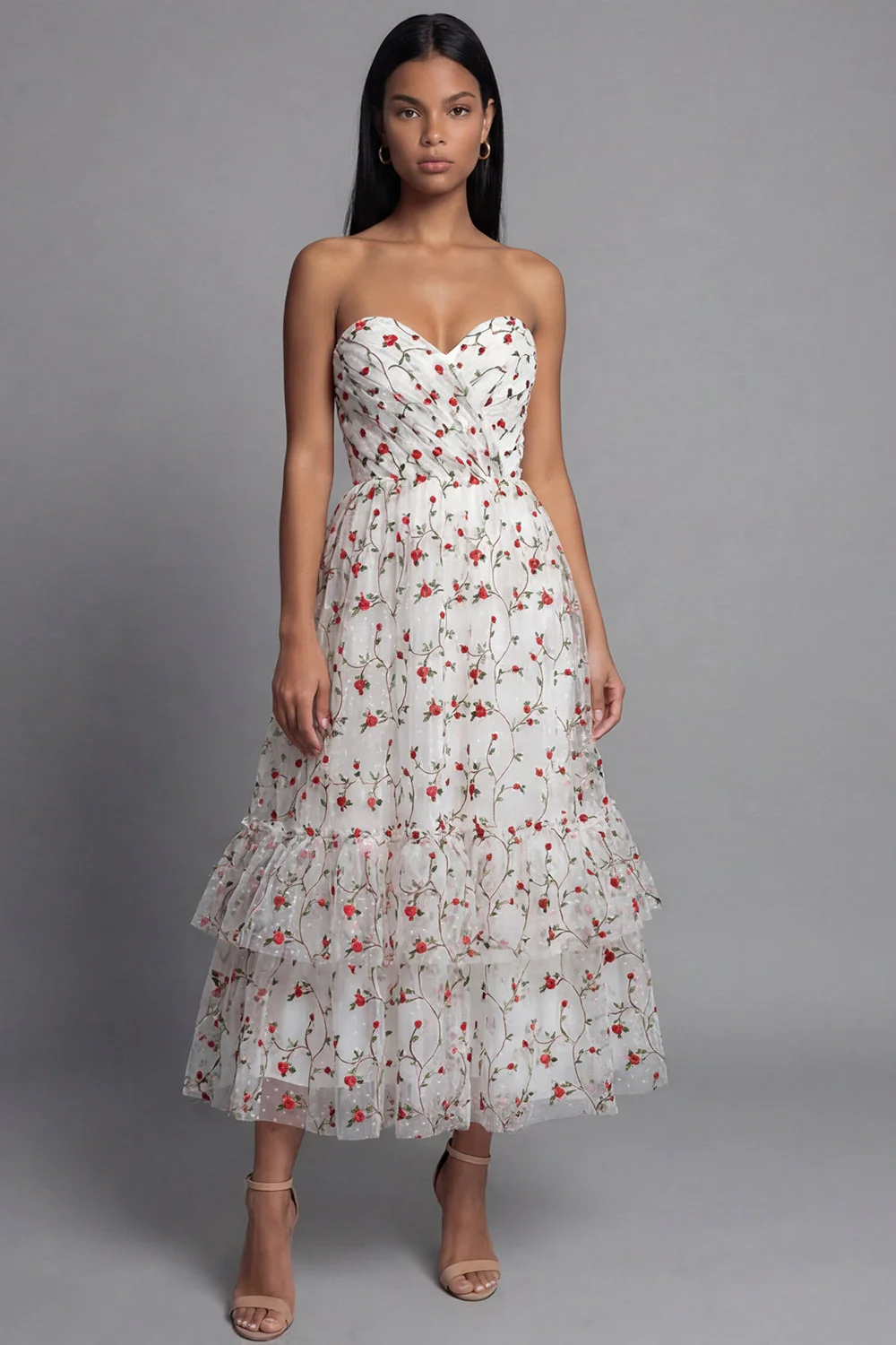Sweetheart Champagne Tulle Appliqued Floral A-Line Midi Dress - Image 6