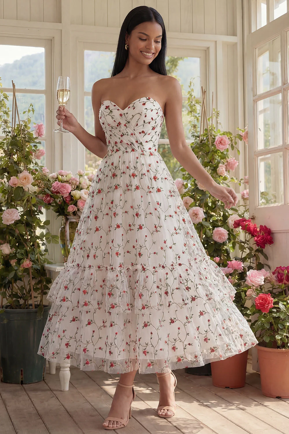 Sweetheart Champagne Tulle Appliqued Floral A-Line Midi Dress - Image 7