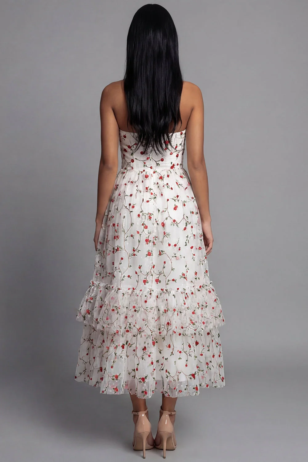 Sweetheart Champagne Tulle Appliqued Floral A-Line Midi Dress - Image 8