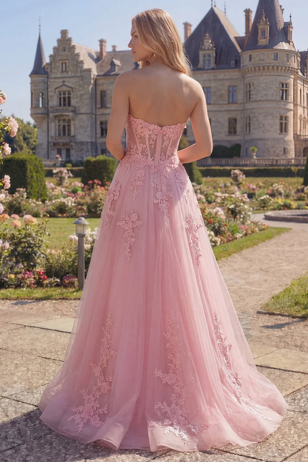 Sweetheart Pink Corset A-Line Long Prom Dress with Appliques - Image 2