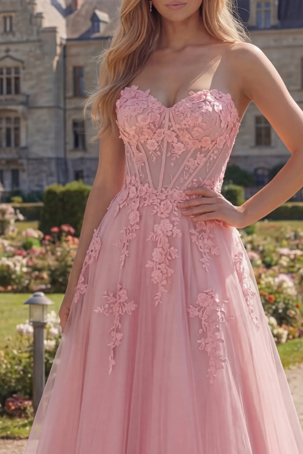Sweetheart Pink Corset A-Line Long Prom Dress with Appliques - Image 3