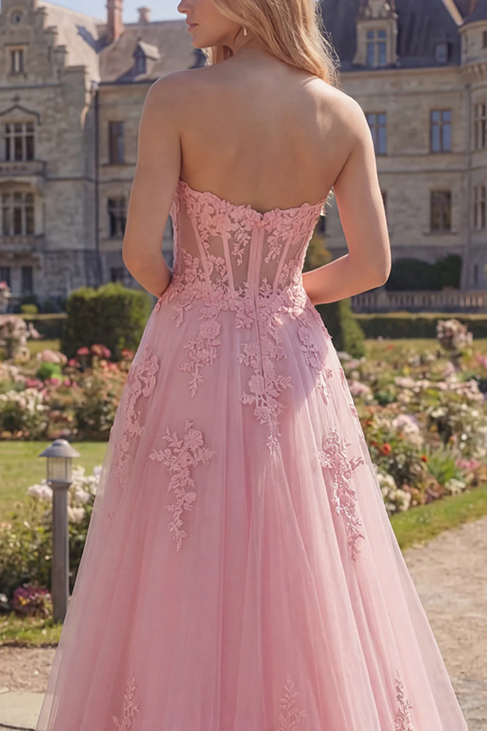 Sweetheart Pink Corset A-Line Long Prom Dress with Appliques - Image 4