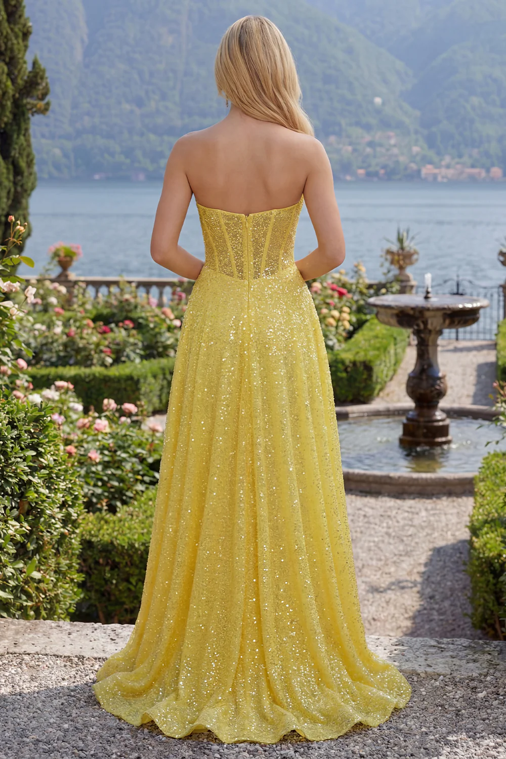 Sweetheart Yellow Sequin Corset A Line Long Prom Dress with Slit - Image 2