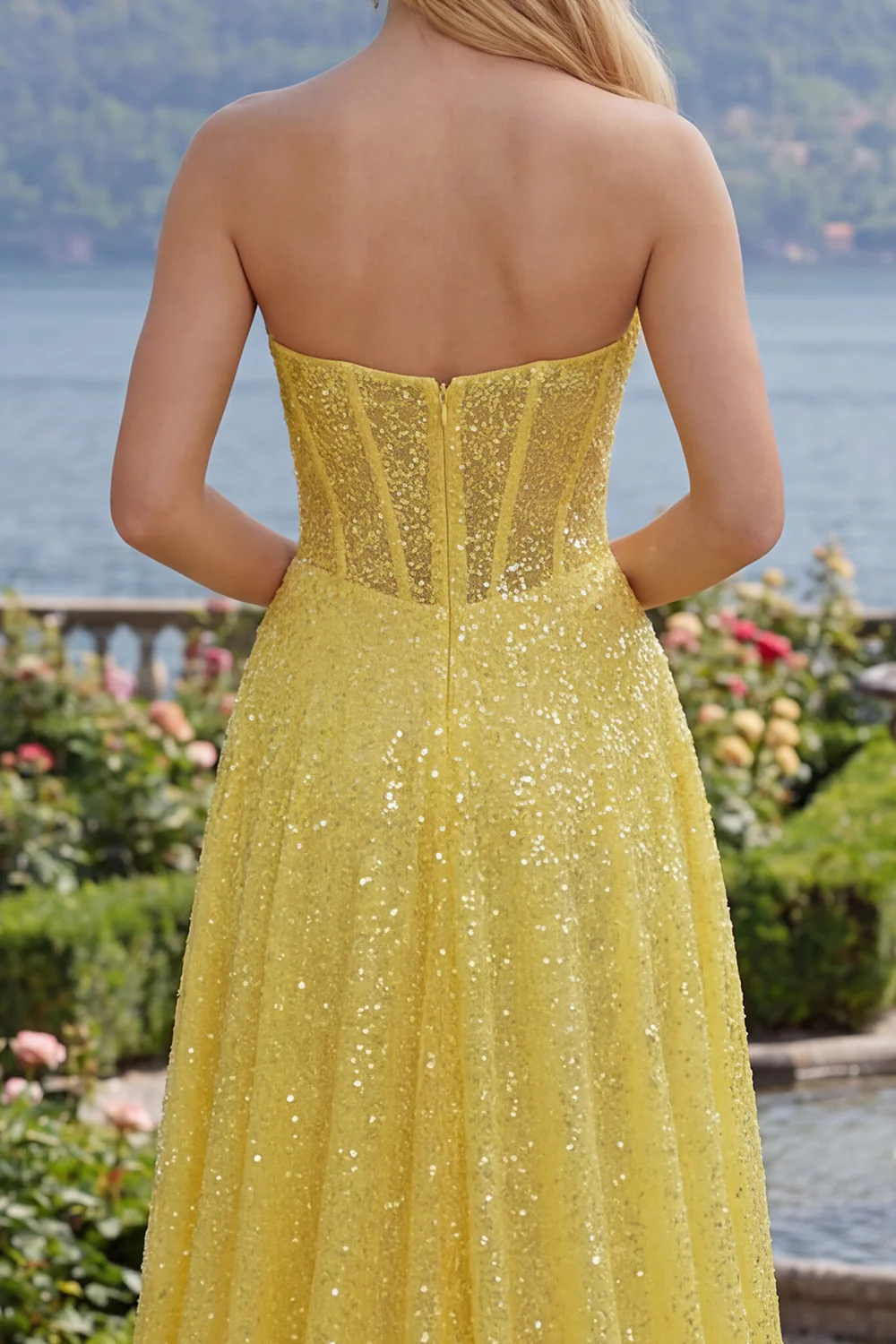 Sweetheart Yellow Sequin Corset A Line Long Prom Dress with Slit - Image 4