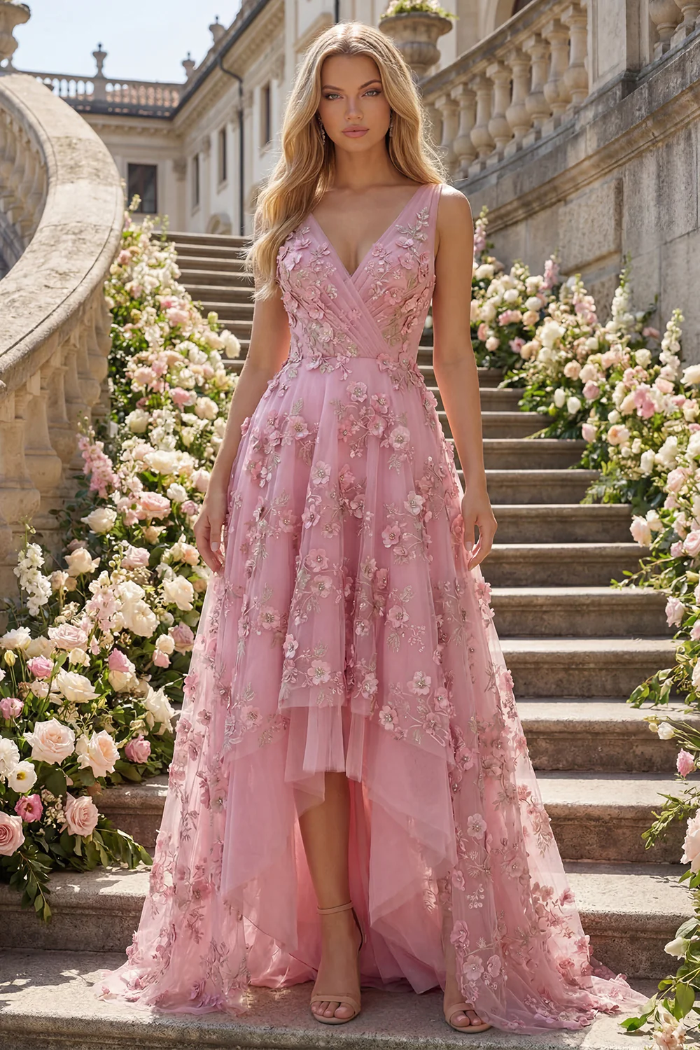 Taro 3D Flowers A Line V-Neck High-Low Prom Dress