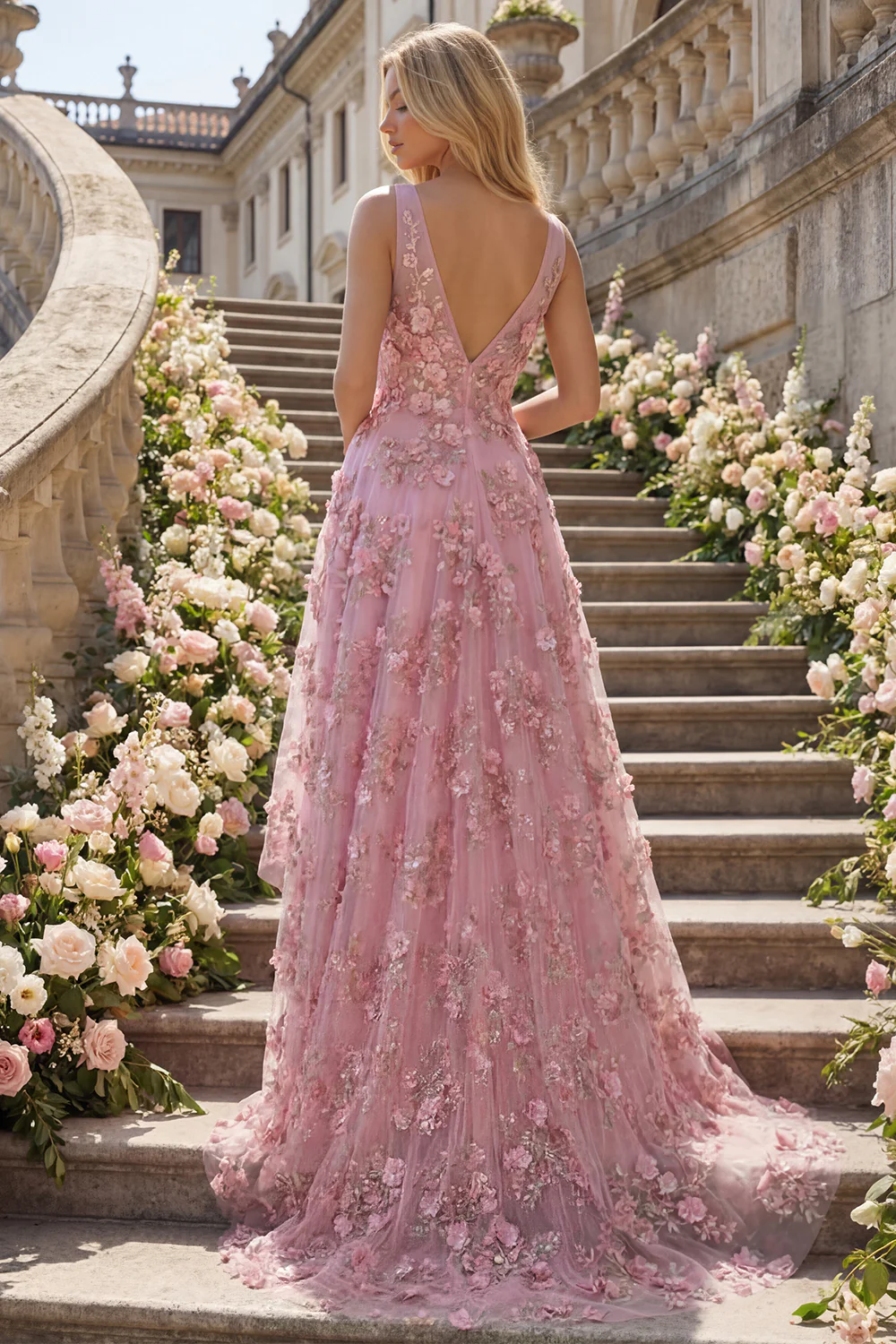 Taro 3D Flowers A Line V-Neck High-Low Prom Dress - Image 2
