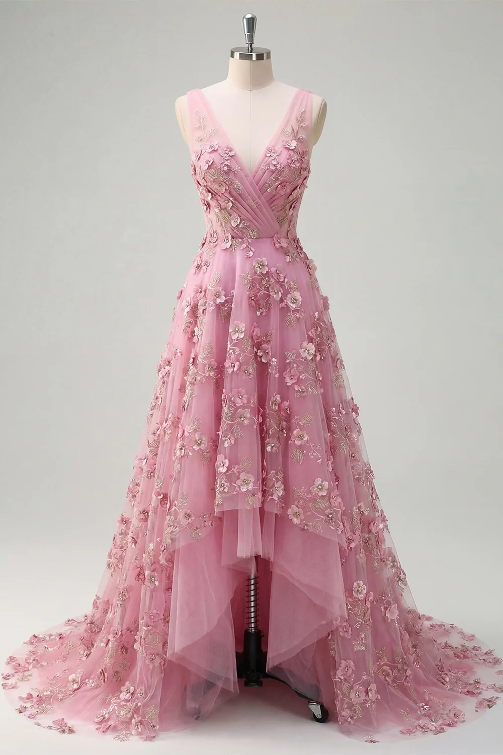 Taro 3D Flowers A Line V-Neck High-Low Prom Dress - Image 3