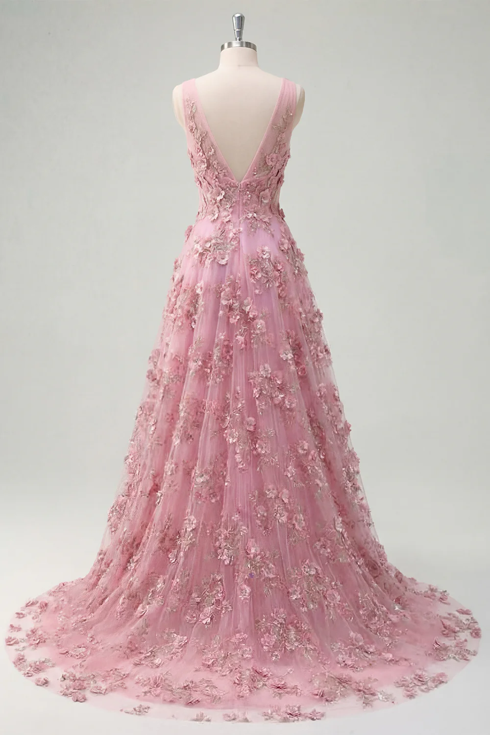 Taro 3D Flowers A Line V-Neck High-Low Prom Dress - Image 4