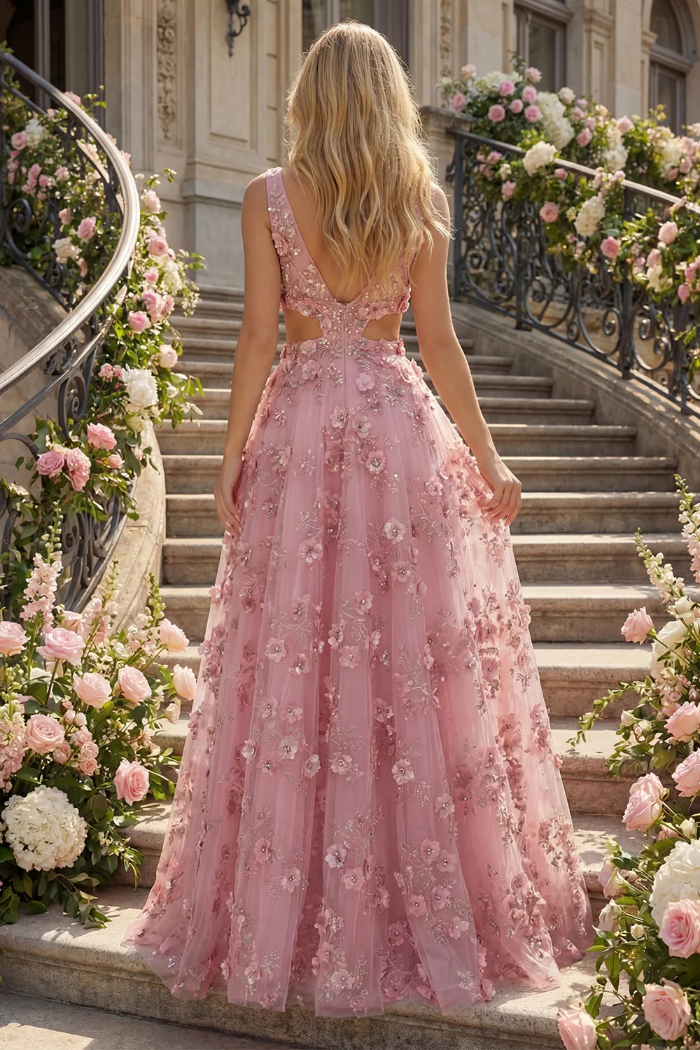 Taro A Line Cut Out V-Neck Long Prom Dress with 3D Flowers - Image 2