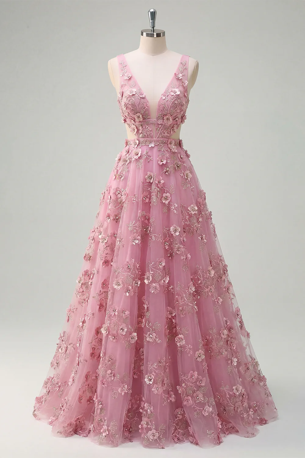 Taro A Line Cut Out V-Neck Long Prom Dress with 3D Flowers - Image 3