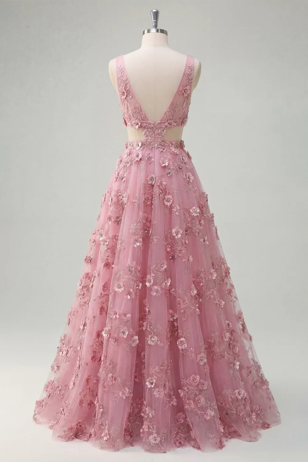 Taro A Line Cut Out V-Neck Long Prom Dress with 3D Flowers - Image 4