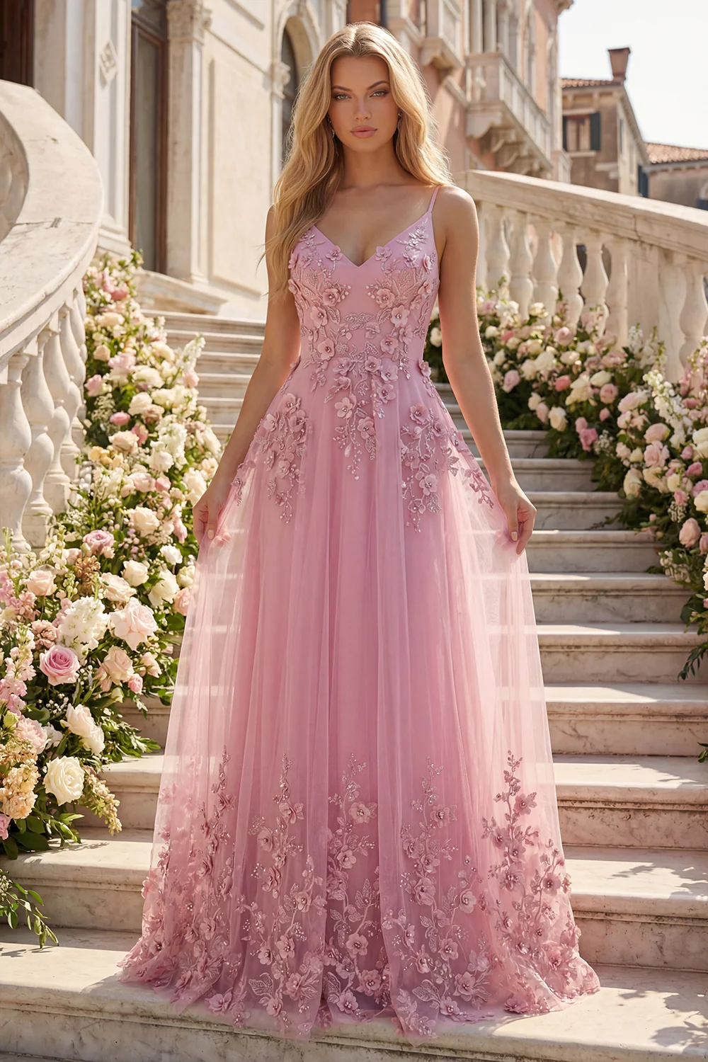 Taro A Line Spaghetti Straps Long Prom Dress with 3D Flowers