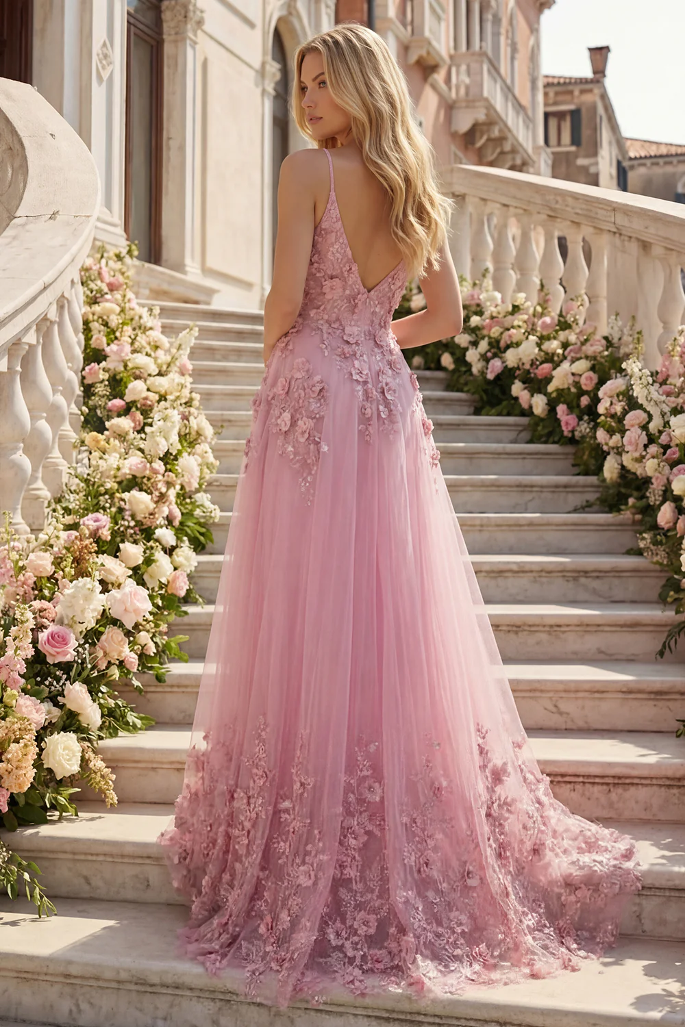Taro A Line Spaghetti Straps Long Prom Dress with 3D Flowers - Image 2