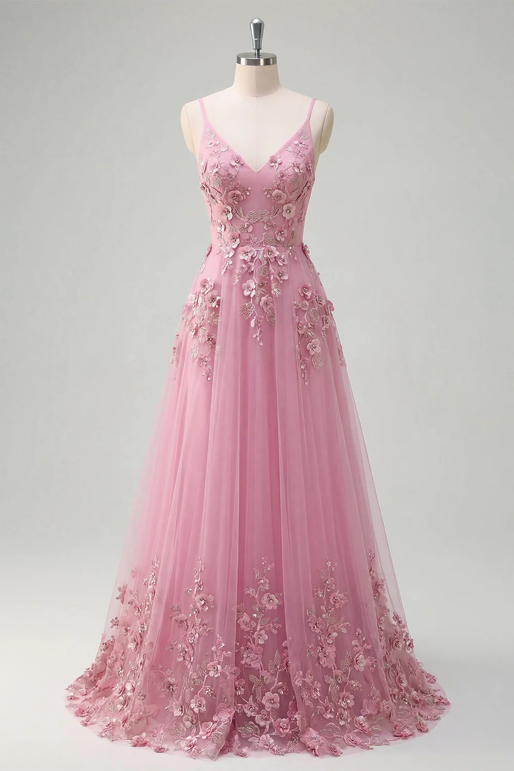 Taro A Line Spaghetti Straps Long Prom Dress with 3D Flowers - Image 3