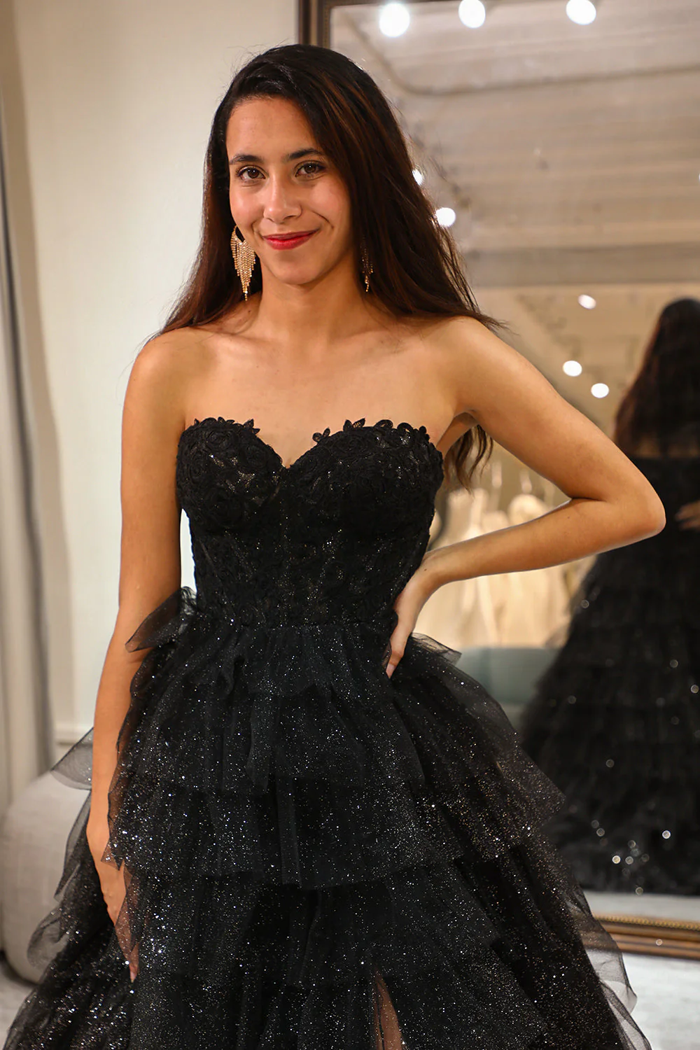 Trendy A Line Sweetheart Black Corset Prom Dress with Ruffles - Image 5