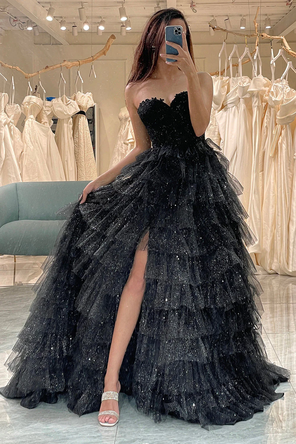 Trendy A Line Sweetheart Black Corset Prom Dress with Ruffles - Image 6